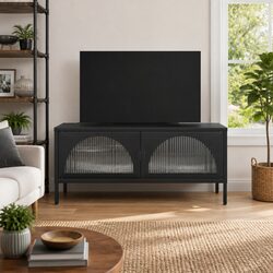 TV Cabinet Black Glass Steel Unit Media Stand Storage Furniture Fluted Glass