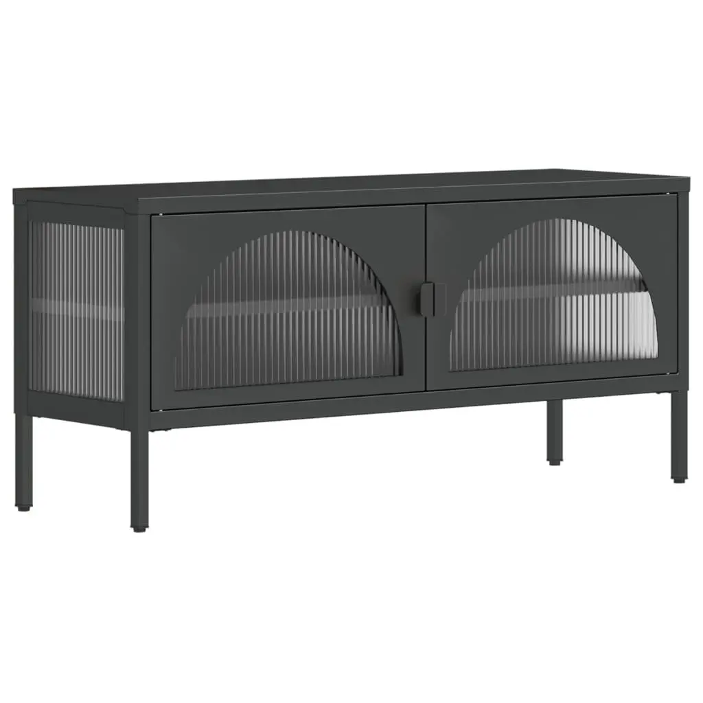TV Cabinet Black Glass Steel Media Stand Storage Unit with Fluted Glass Panels