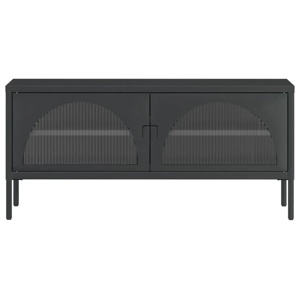 TV Cabinet Black Glass Steel Media Stand Storage Unit with Fluted Glass Panels