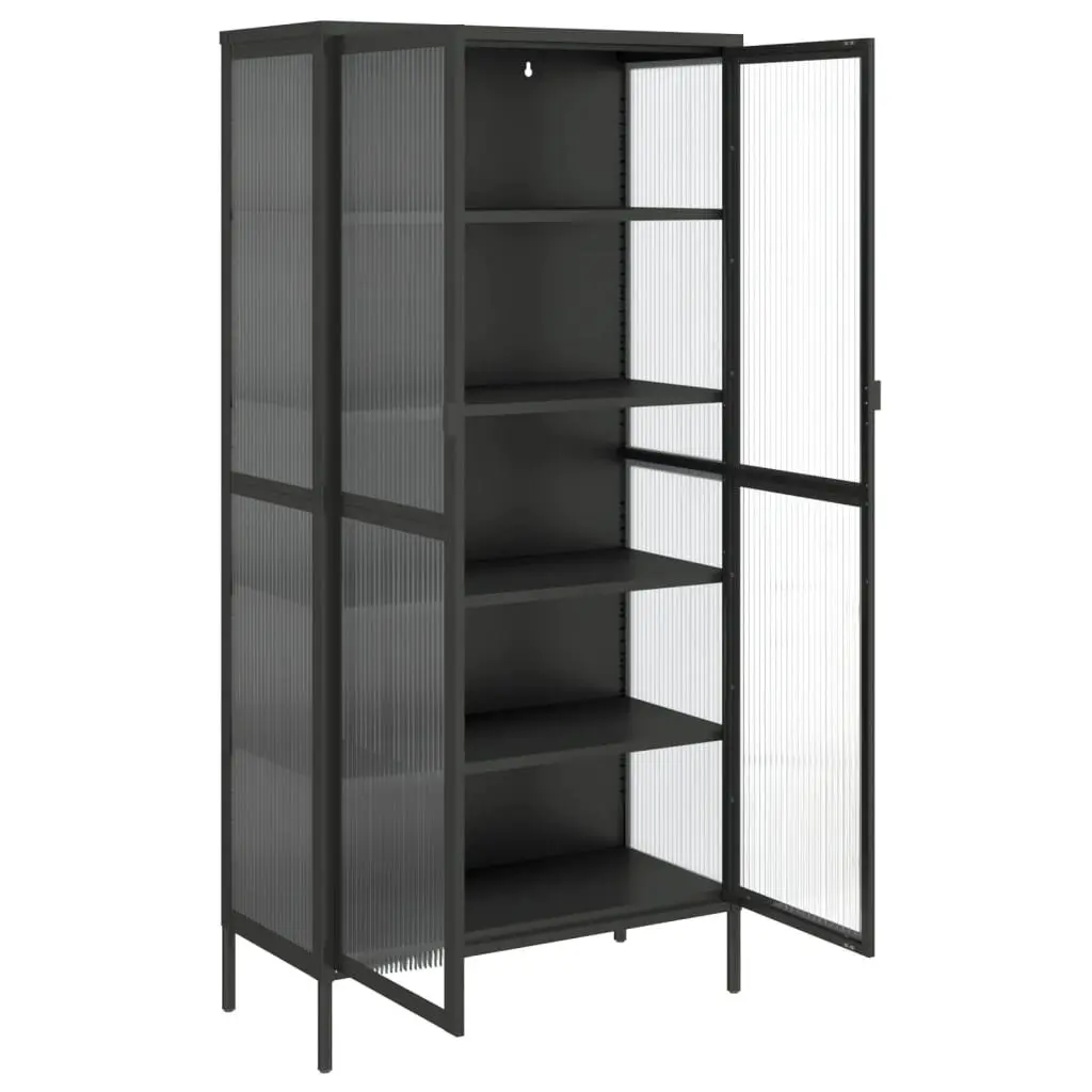 Highboard Storage Cabinet Black Fluted Glass Steel Frame Sideboard Cupboard
