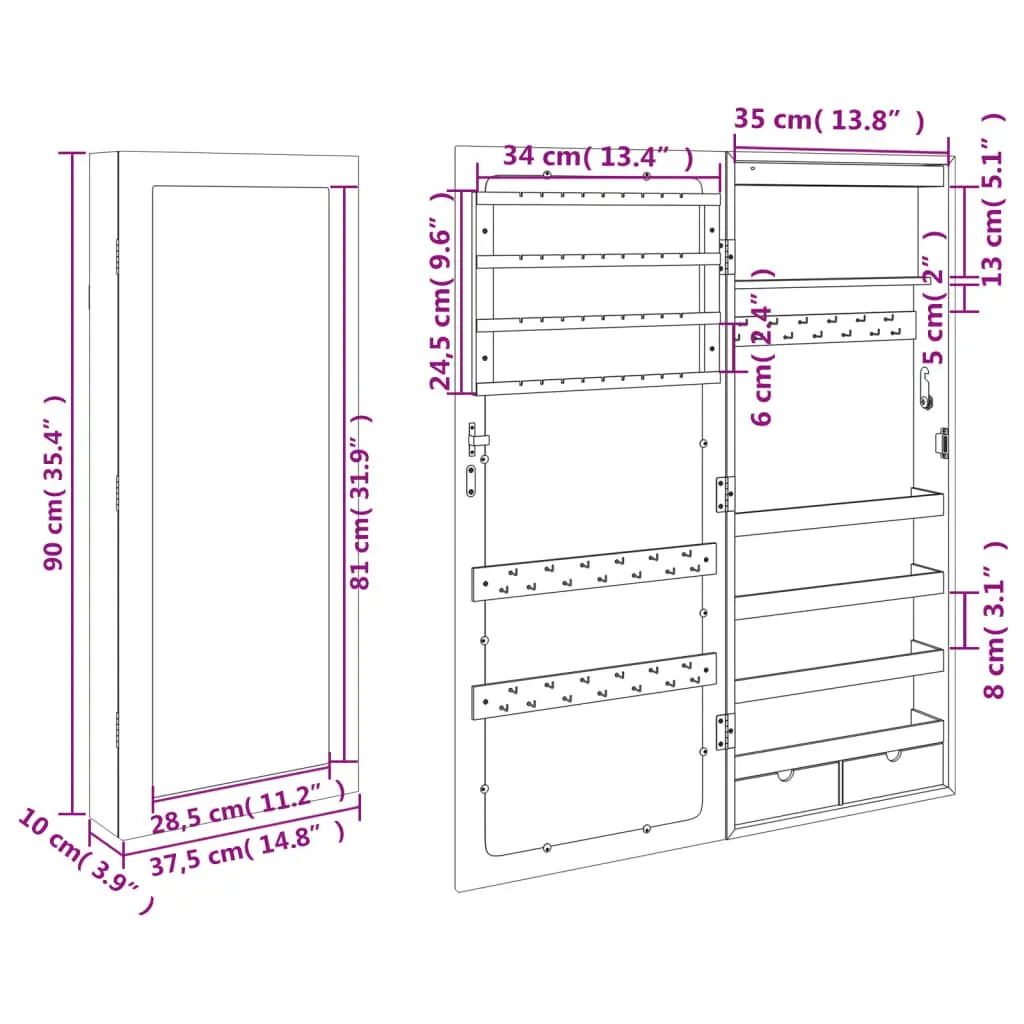 Wall Mounted Jewellery Cabinet with LED Lights White Mirror Storage Organiser