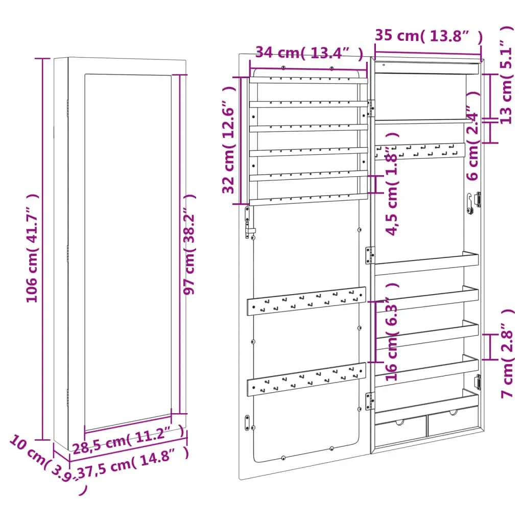 Wall Mounted Mirror Jewellery Cabinet White with LED Lights and Storage Organiser