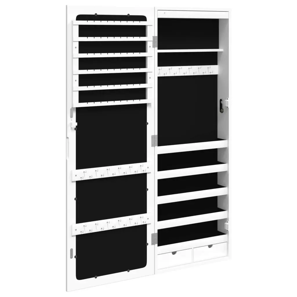 Wall Mounted Mirror Jewellery Cabinet White with LED Lights and Storage Organiser