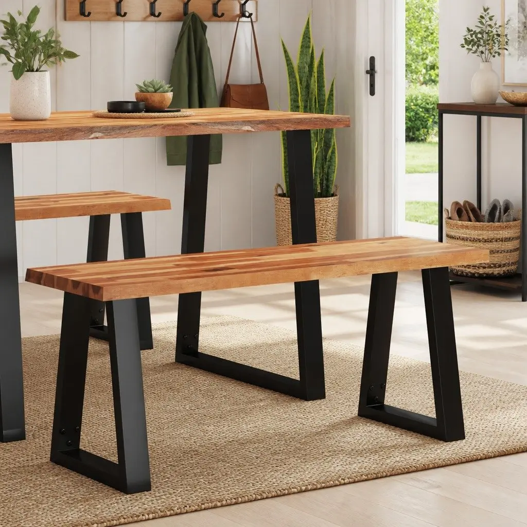 Solid Wood Bench 110cm Live Edge Acacia Wood Seat with U-shaped Steel Legs