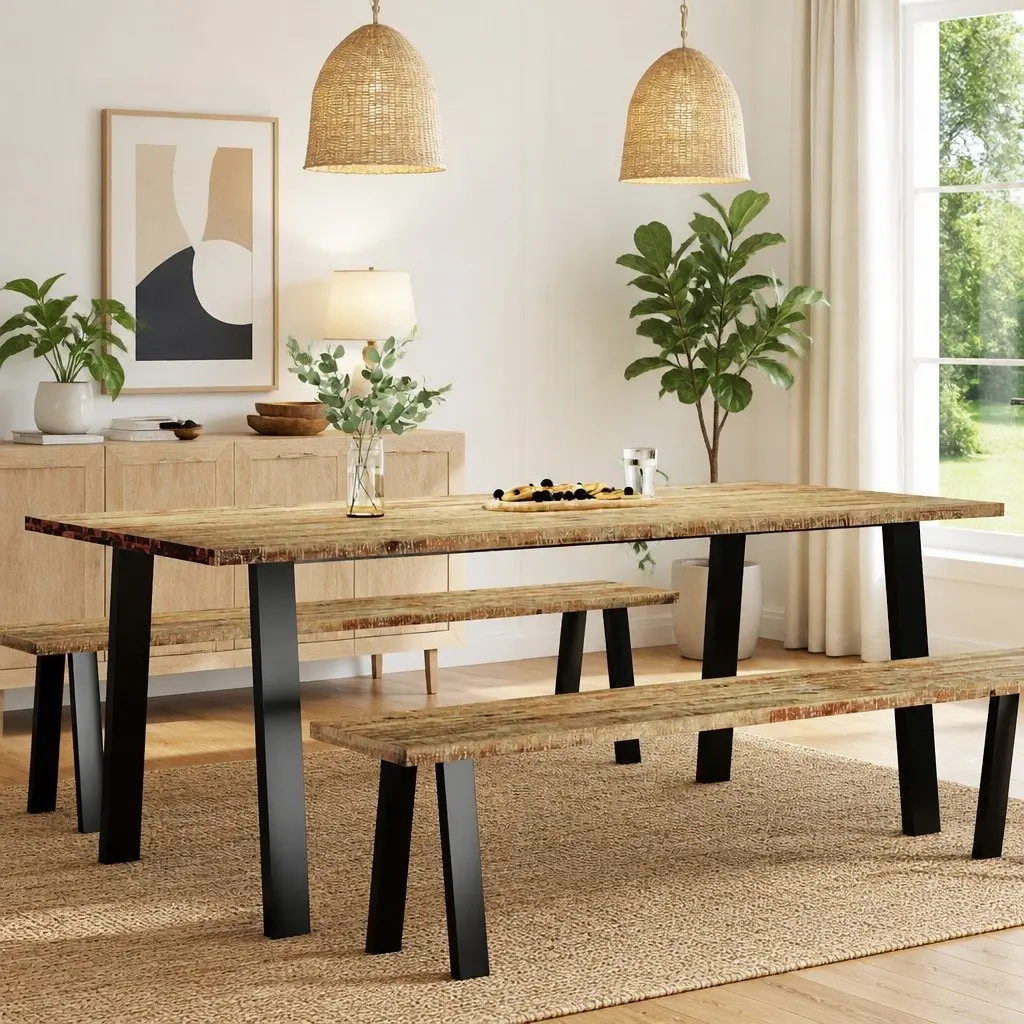 Dining Table 200x90x75 cm Solid Acacia Wood Top Powder-coated Steel Legs Industrial Style
