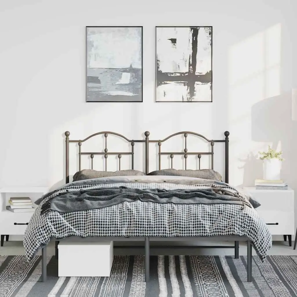 Metal Bed Frame 135x190 cm with Headboard Black Powder-Coated Steel Slatted Base