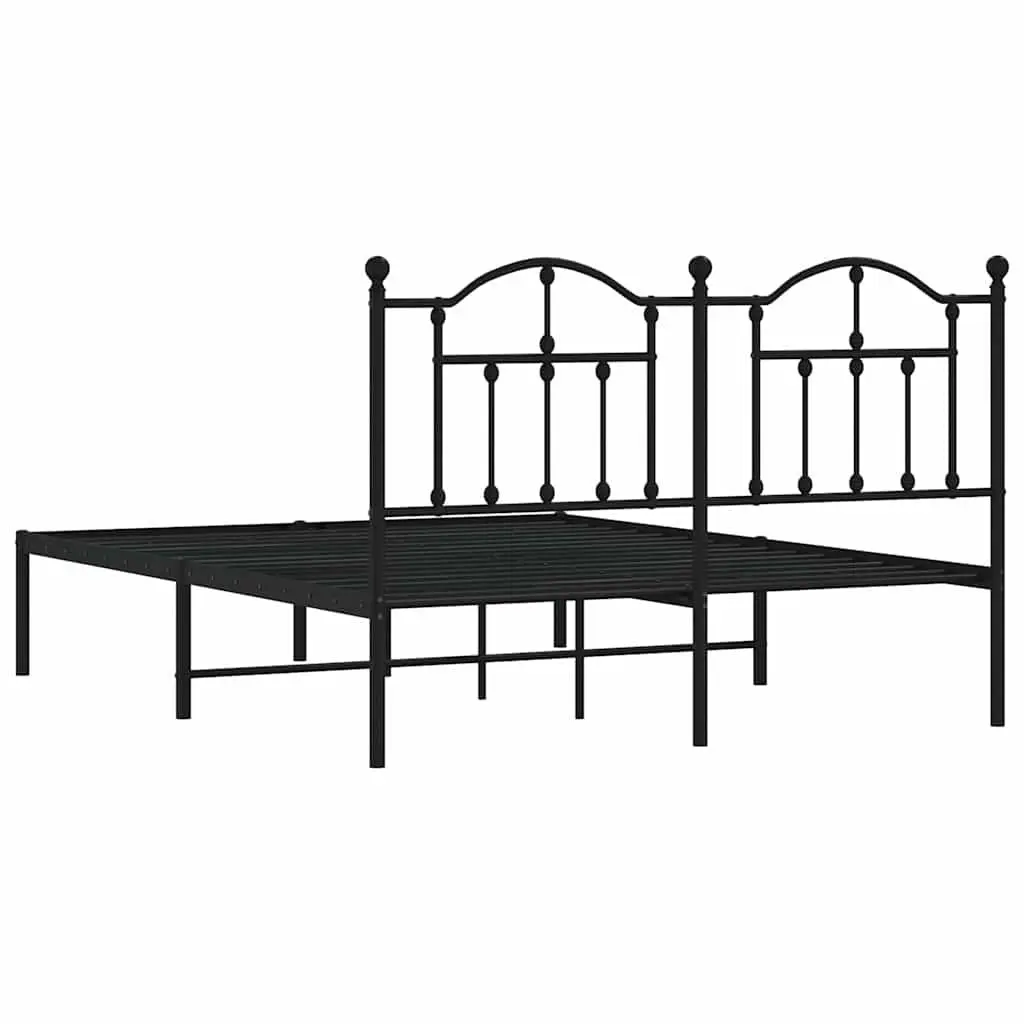 Metal Bed Frame 135x190 cm with Headboard Black Powder-Coated Steel Slatted Base