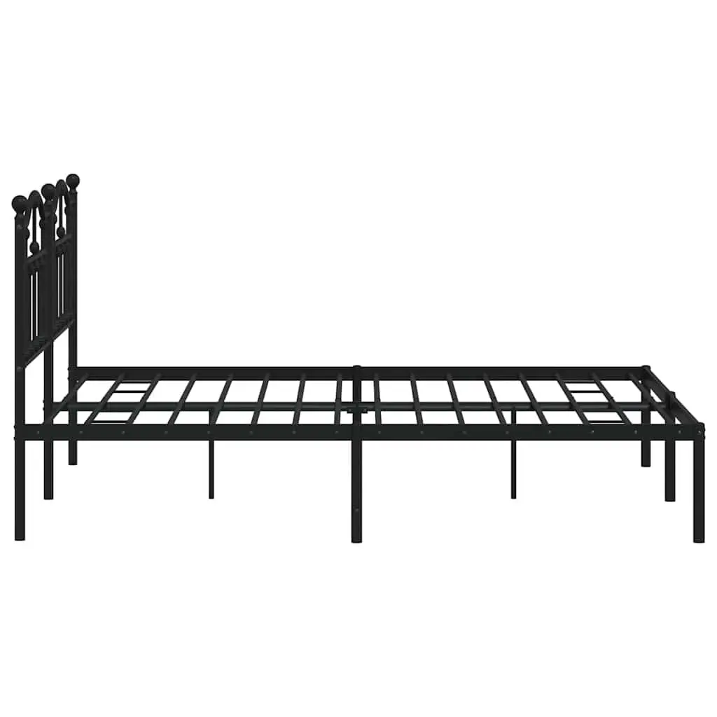 Metal Bed Frame 135x190 cm with Headboard Black Powder-Coated Steel Slatted Base