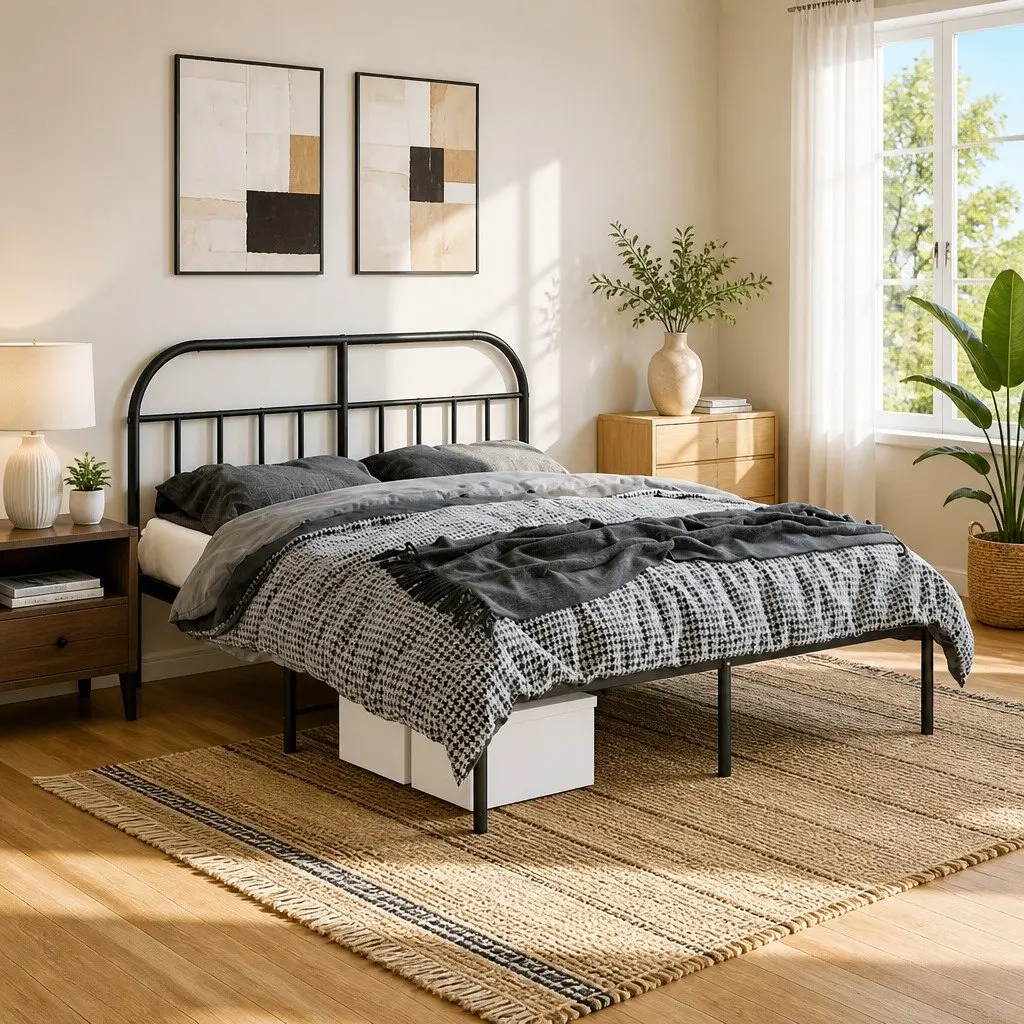Metal Bed Frame 150x200 cm with Headboard Slatted Base Black
