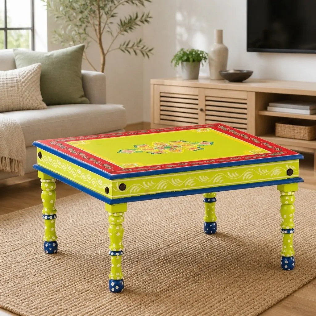 Coffee Table Solid Mango Wood Hand-Painted Decorative Green Accent