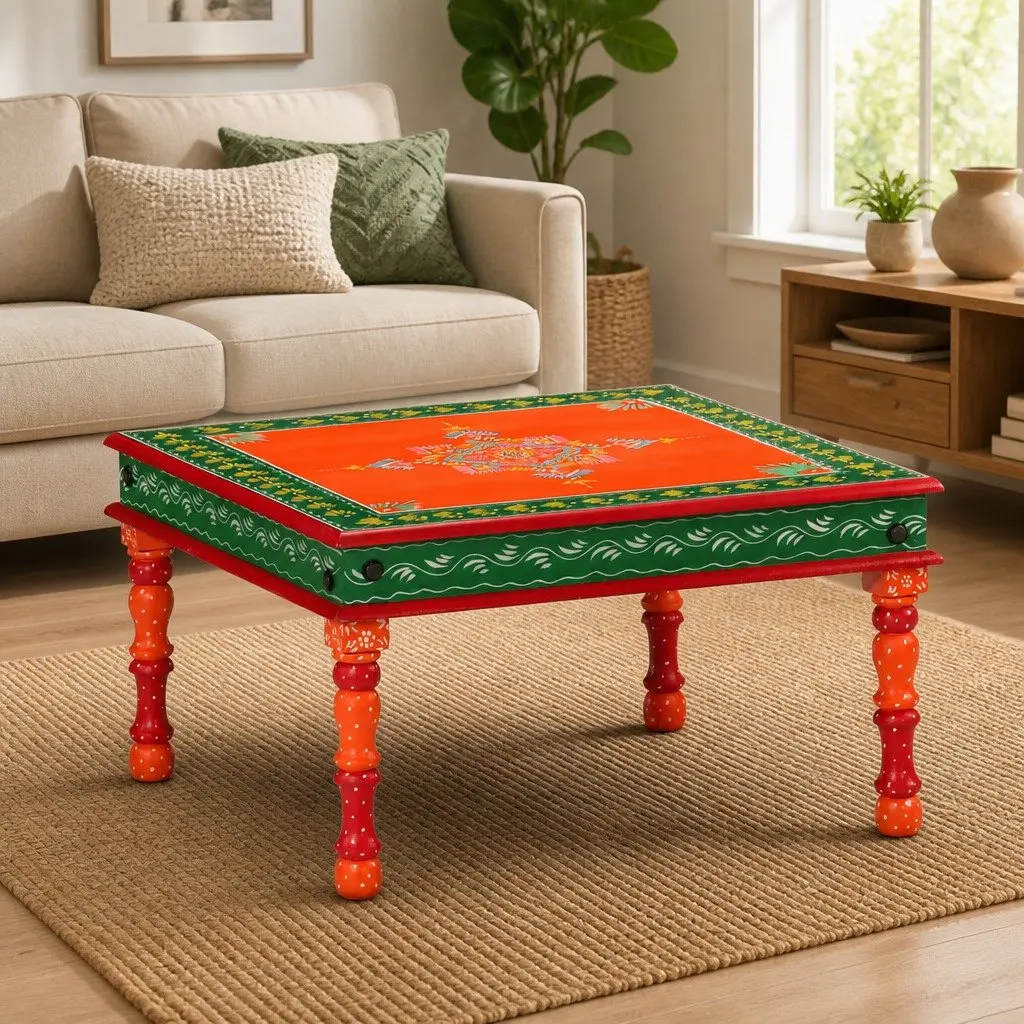 Coffee Table Orange Hand Painted Solid Wood Mango Living Room Accent Furniture