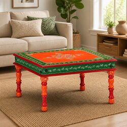 Solid Mango Wood Coffee Table with Hand-Painted Details