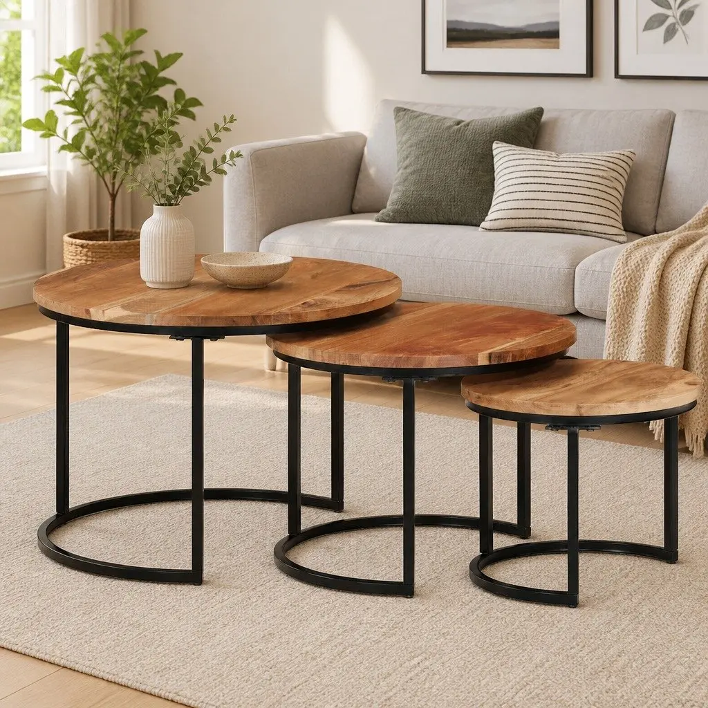 Nesting Tables 3 Piece Solid Acacia Wood Brown Coffee Side Table Storage Set