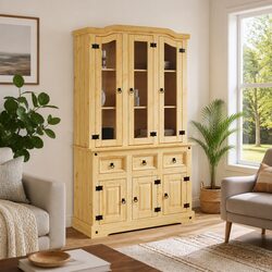 Highboard Brown Solid Pine Wood Storage Cabinet Sideboard Shelves Drawers Doors