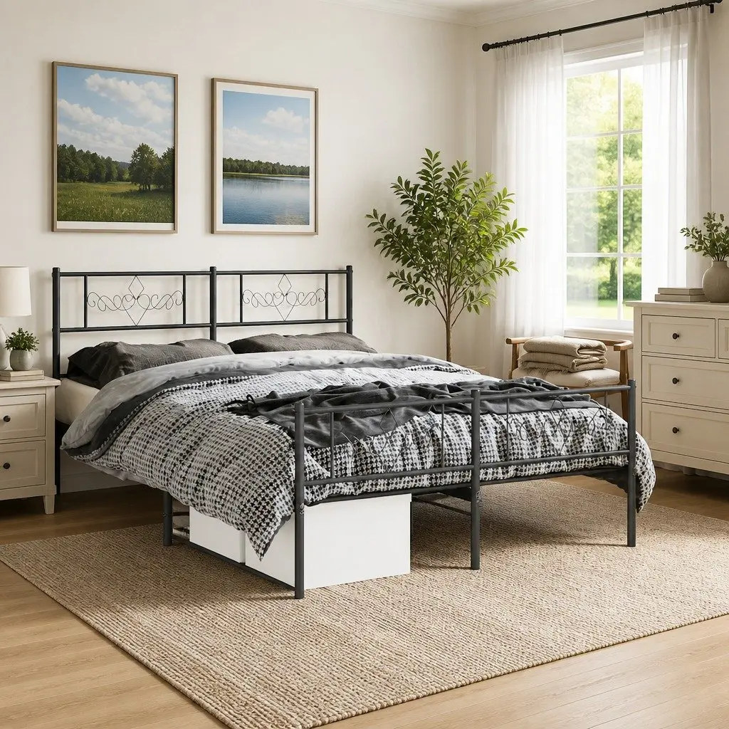 Metal Bed Frame 135x190 cm with Headboard Footboard Slatted Base Black