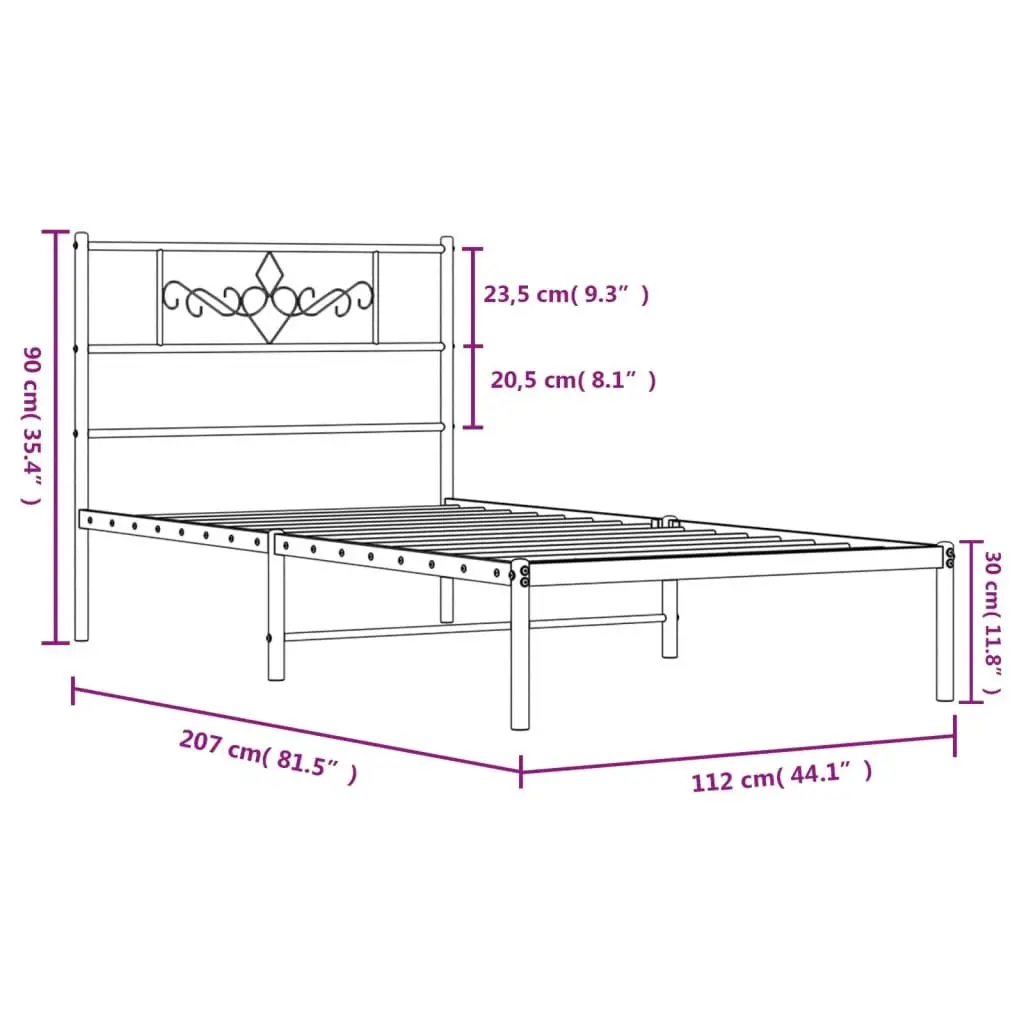 White King Single Metal Bed Frame 107x203cm with Slatted Base and Headboard for Bedroom