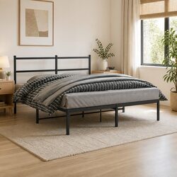 Elegant Metal Bed Frame 150x200 cm with Headboard in Black