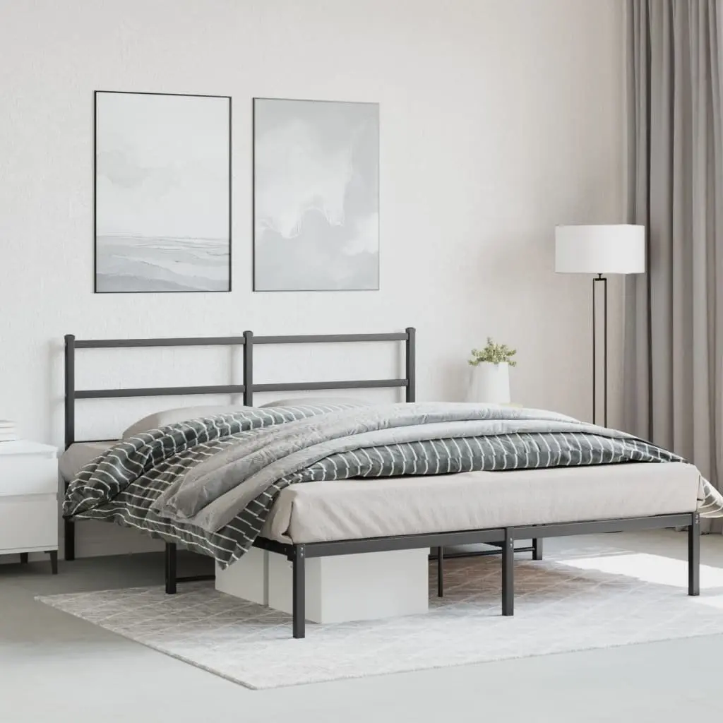 Metal Bed Frame 150x200 cm with Headboard Black Steel Slats Centre Legs