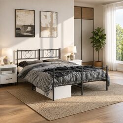 Black Metal Bed Frame 150x200cm with Functional Headboard