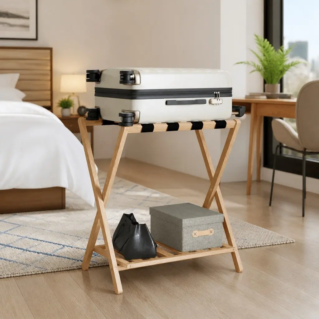 Luggage Rack Bamboo Foldable Suitcase Stand with Two Shelves Storage Organiser