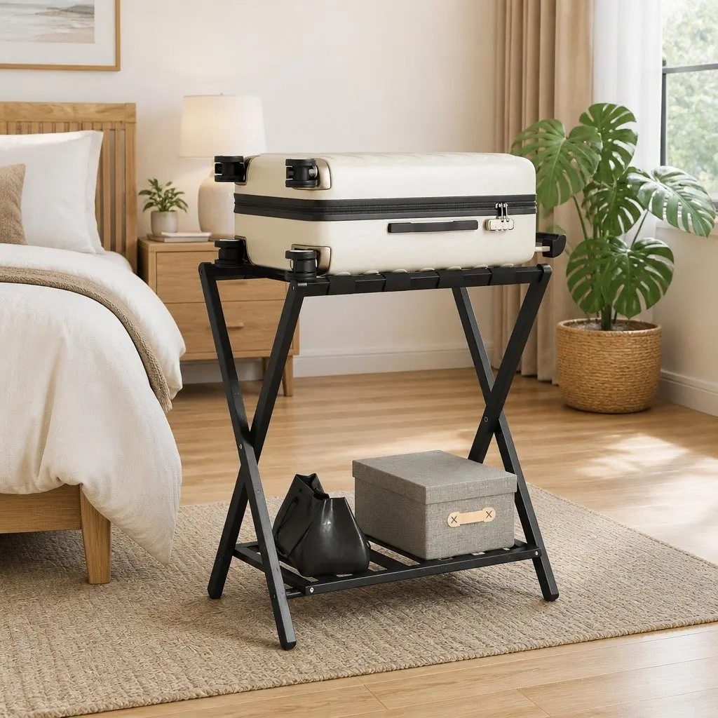 Luggage Rack Two Shelf Black Bamboo Foldable Storage Stand