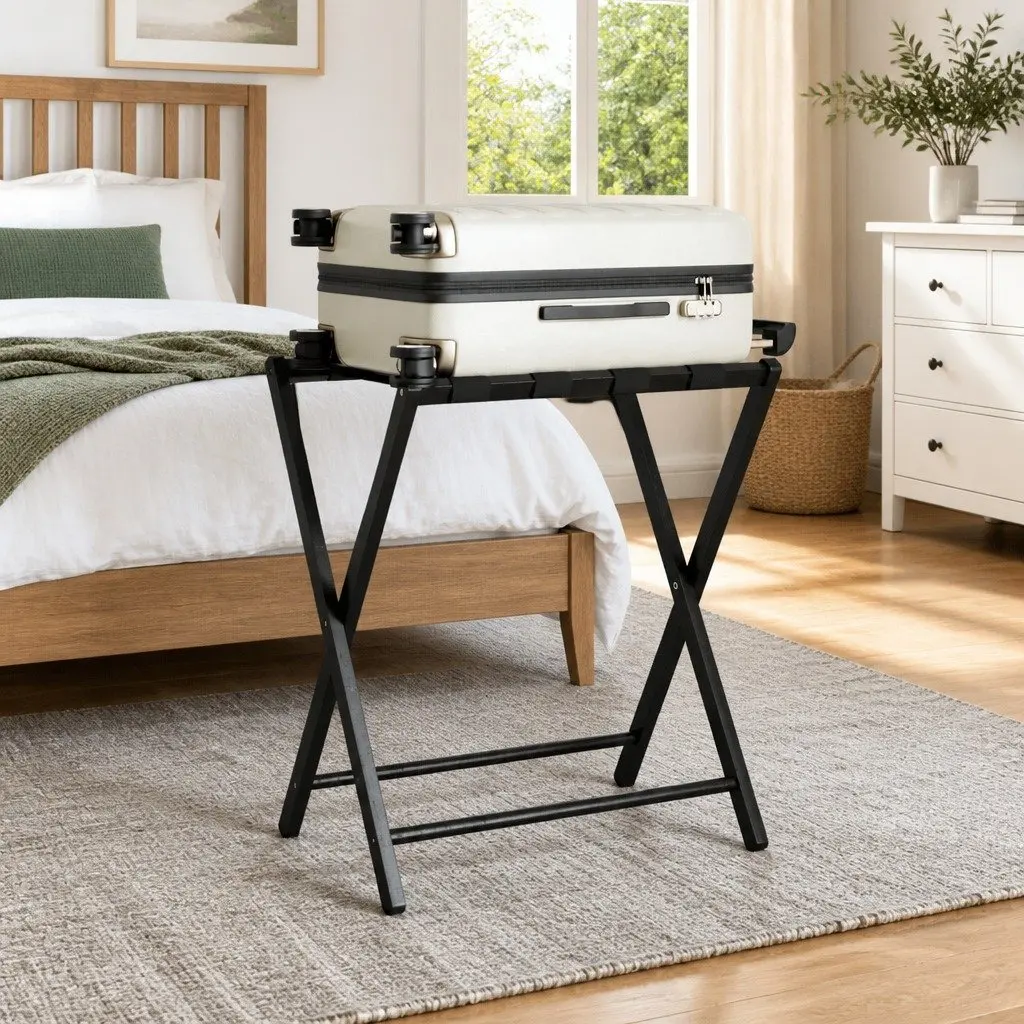 Luggage Rack Foldable Bamboo Suitcase Stand Black Space-Saving Storage
