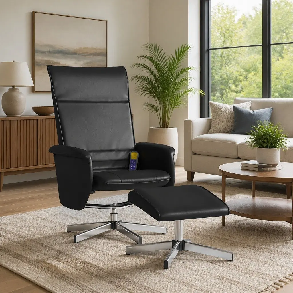Massage Recliner Chair with Footstool Black Faux Leather 360 Degree Swivel 6 Massage Points Manual Reclining