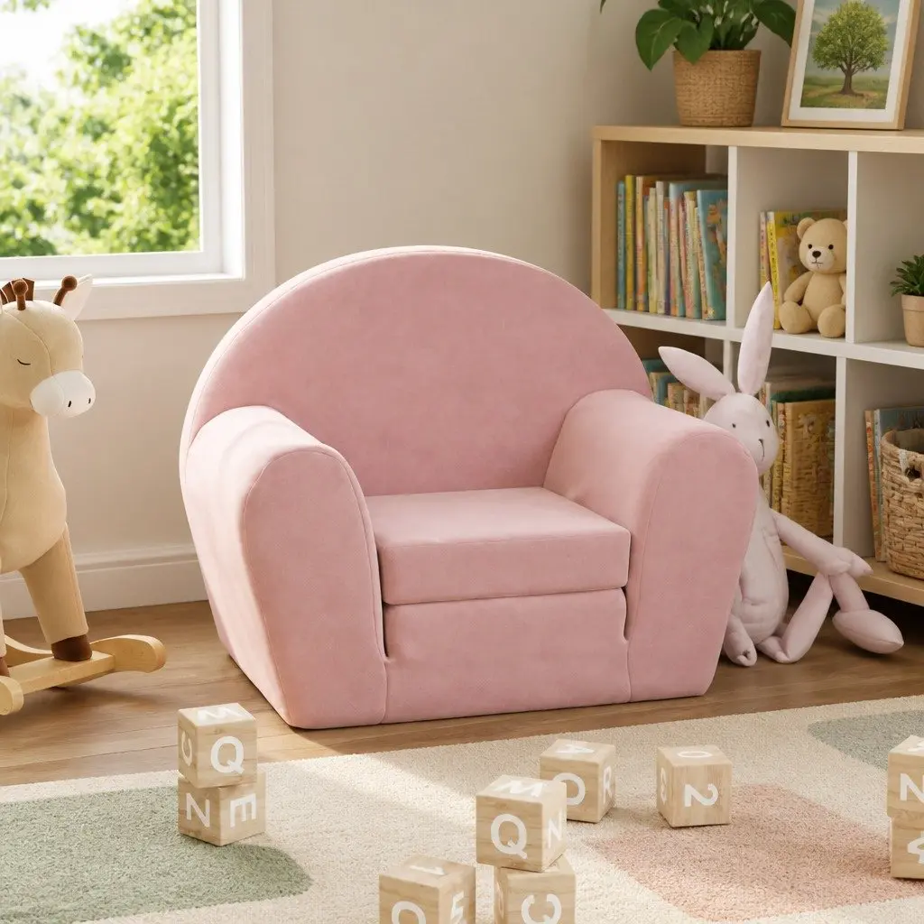 Kids Sofa Bed Pink Soft Plush 2-in-1 Folding Armchair Washable
