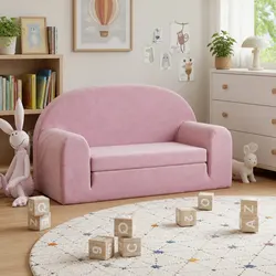 Kids 2-Seater Sofa Bed Pink Soft Plush Fold-Out Chair Toddler Furniture