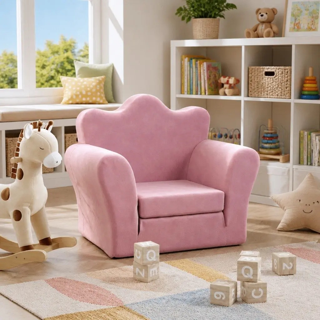 Kids Sofa Bed Pink Plush 2-in-1 Folding Armchair Soft Play Nap Furniture