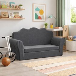 Kids 2-Seater Sofa Bed Anthracite Soft Plush Fold-Out Armchair Children Nap Play