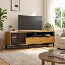 Brown TV Cabinet with Glass Door – Solid Pine Wood