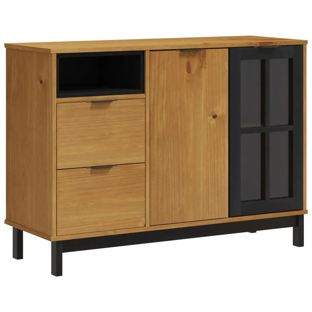 Solid Pine Wood Sideboard 110x40x80cm Glass Door Storage Cabinet Brown