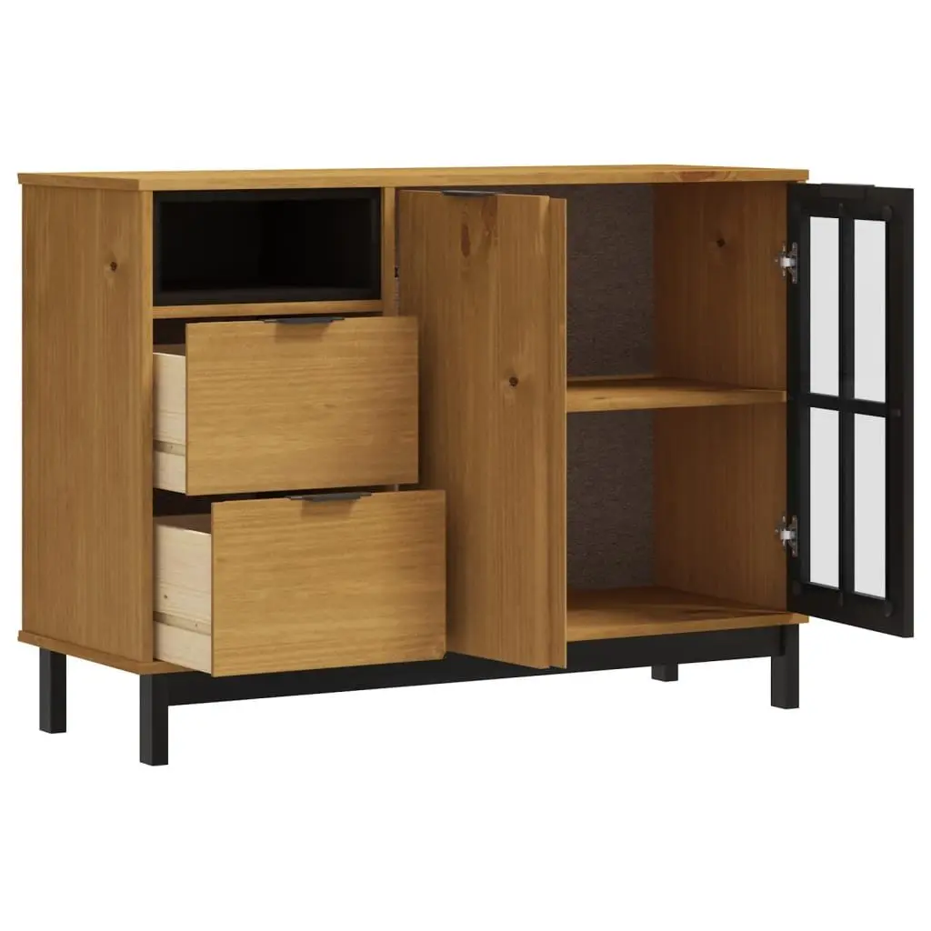 Solid Pine Wood Sideboard 110x40x80cm Glass Door Storage Cabinet Brown