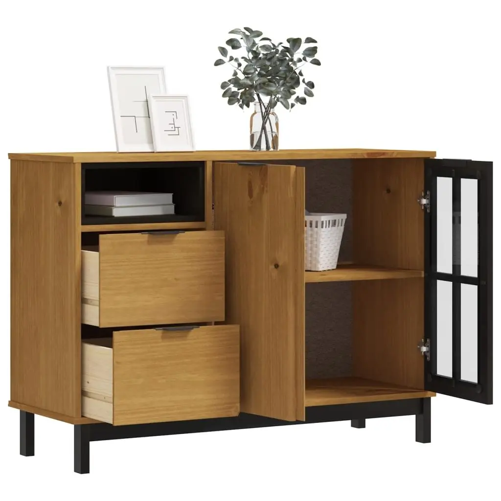 Solid Pine Wood Sideboard 110x40x80cm Glass Door Storage Cabinet Brown