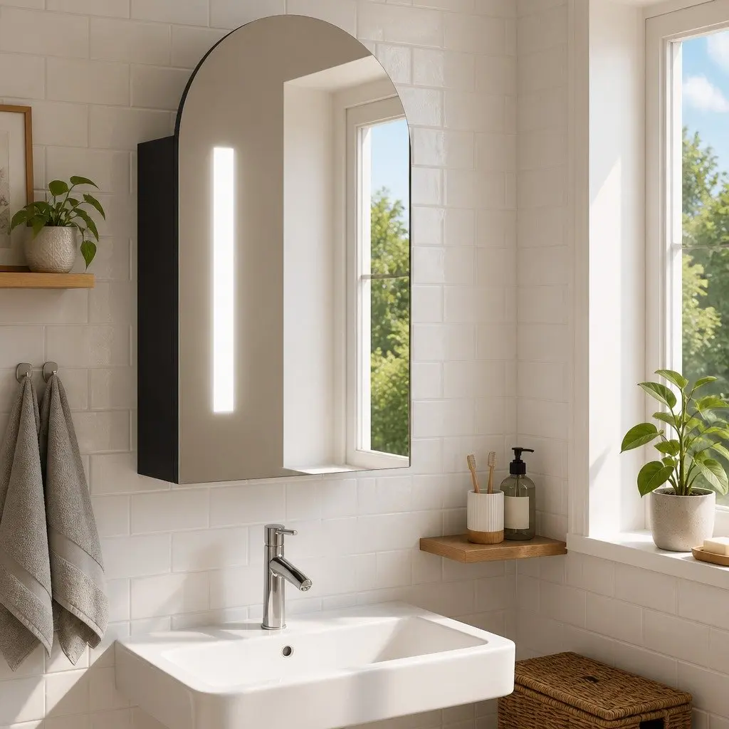 Bathroom Mirror Cabinet 42x13x70cm Arched Wall-Mounted Grey with LED Light
