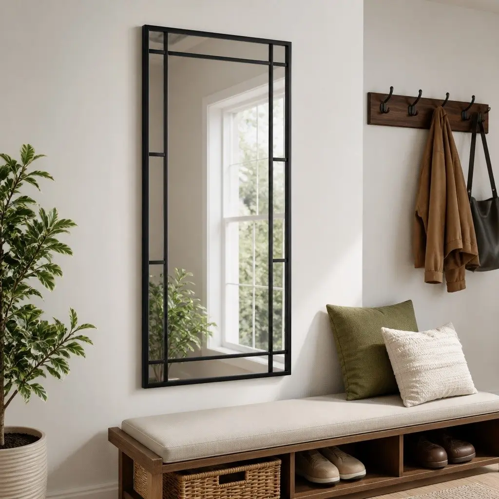 Wall Mirror 40x80cm Black Iron Frame Vertical Horizontal Mounting