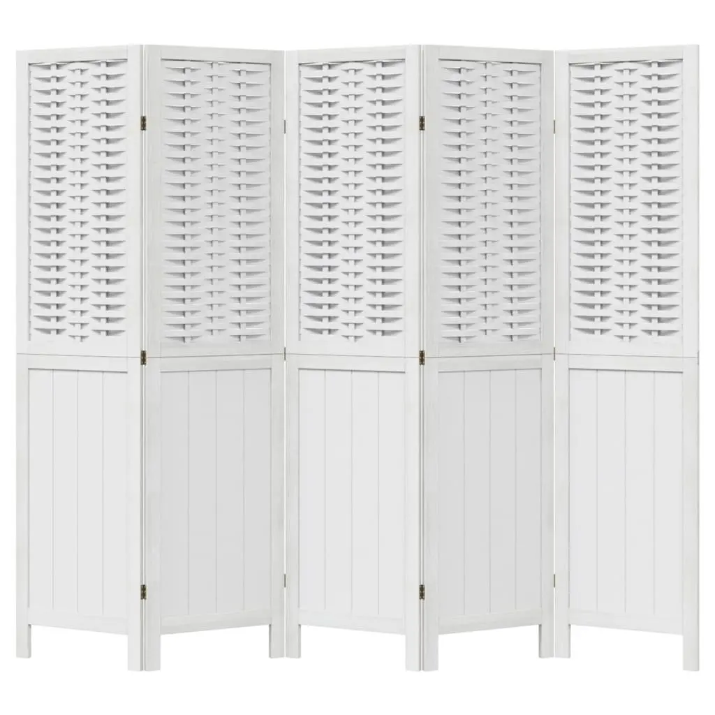 5 Panel White Folding Room Divider Indoor Privacy Screen with Paulownia Wood Frame and Bamboo Panels