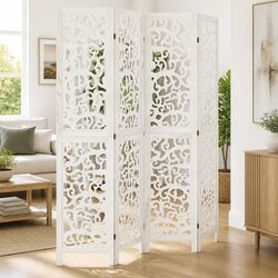 Room Divider 4 Panel White Folding Paulownia Wood Screen Privacy Partition