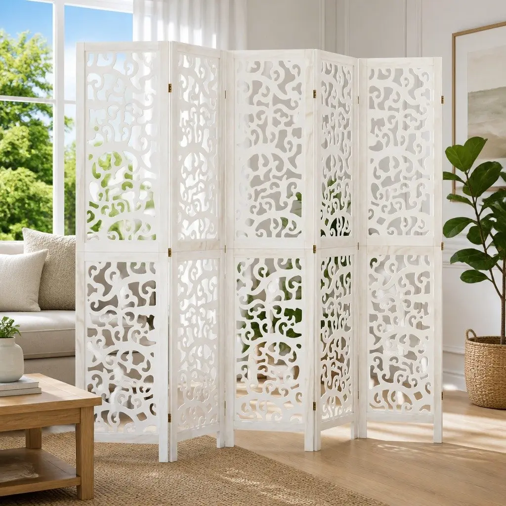 6 Panel Folding Room Divider White Decorative Privacy Screen for Indoor Spaces