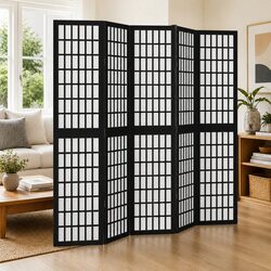 Room Divider 5 Panel Black Paulownia Wood Folding Screen Privacy Partition