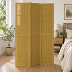 Room Divider 3 Panels Brown Folding Privacy Screen Indoor Partition Wooden Frame