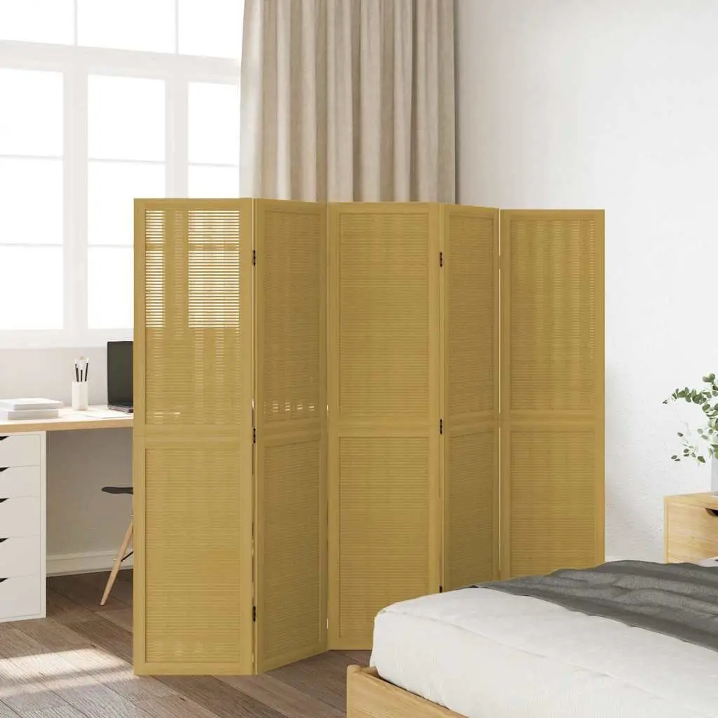 5 Panel Folding Room Divider Brown Paulownia Wood Privacy Screen with Natural Bamboo Strips
