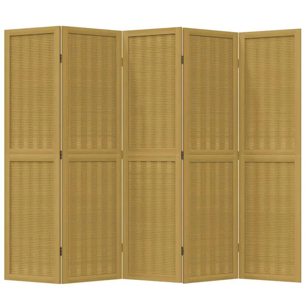 5 Panel Folding Room Divider Brown Paulownia Wood Privacy Screen with Natural Bamboo Strips