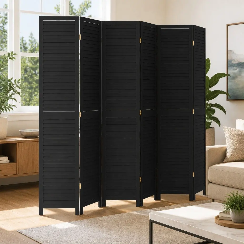 Room Divider 6 Panels Black Solid Wood Folding Privacy Screen