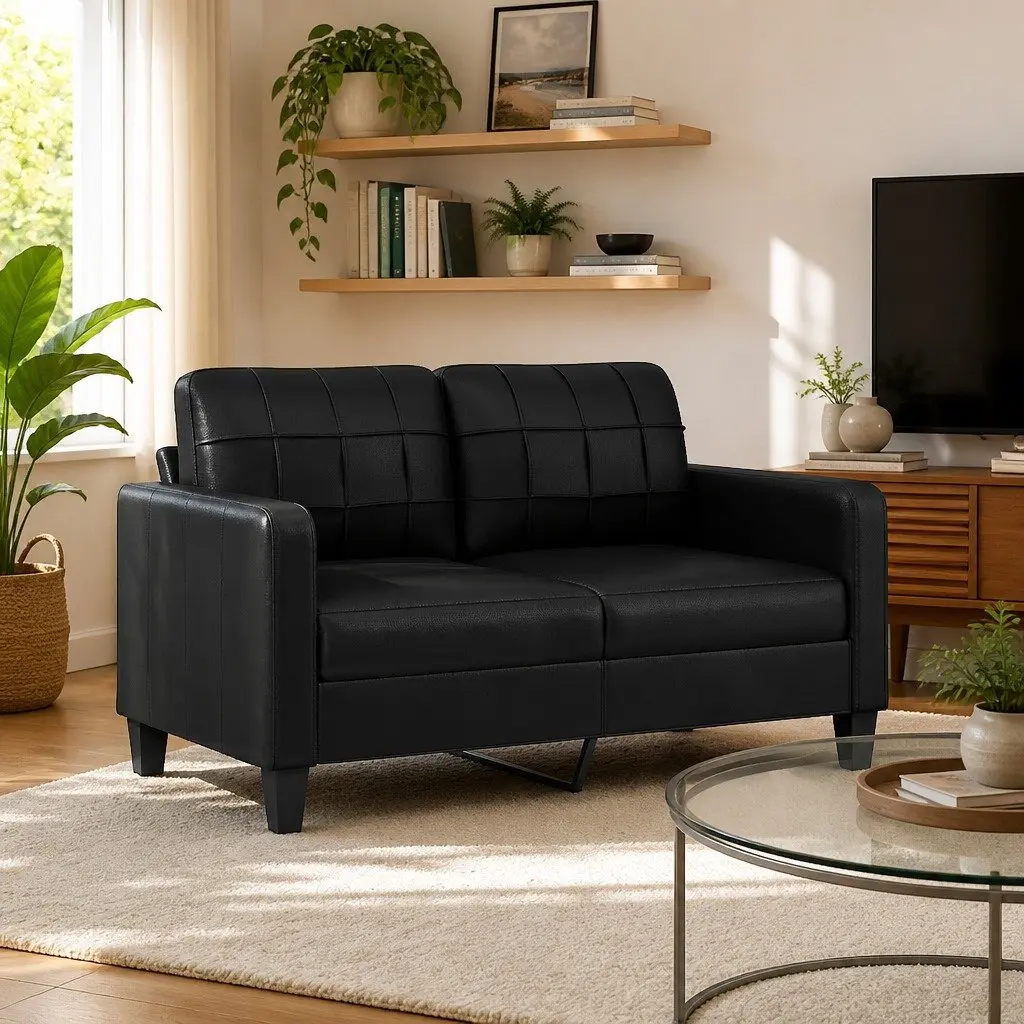 2-Seater Sofa 140cm Black Faux Leather Modern Lounge Couch
