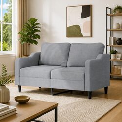 2-Seater Sofa Grey Fabric 140cm Living Room Couch Padded Armrests Modern Design