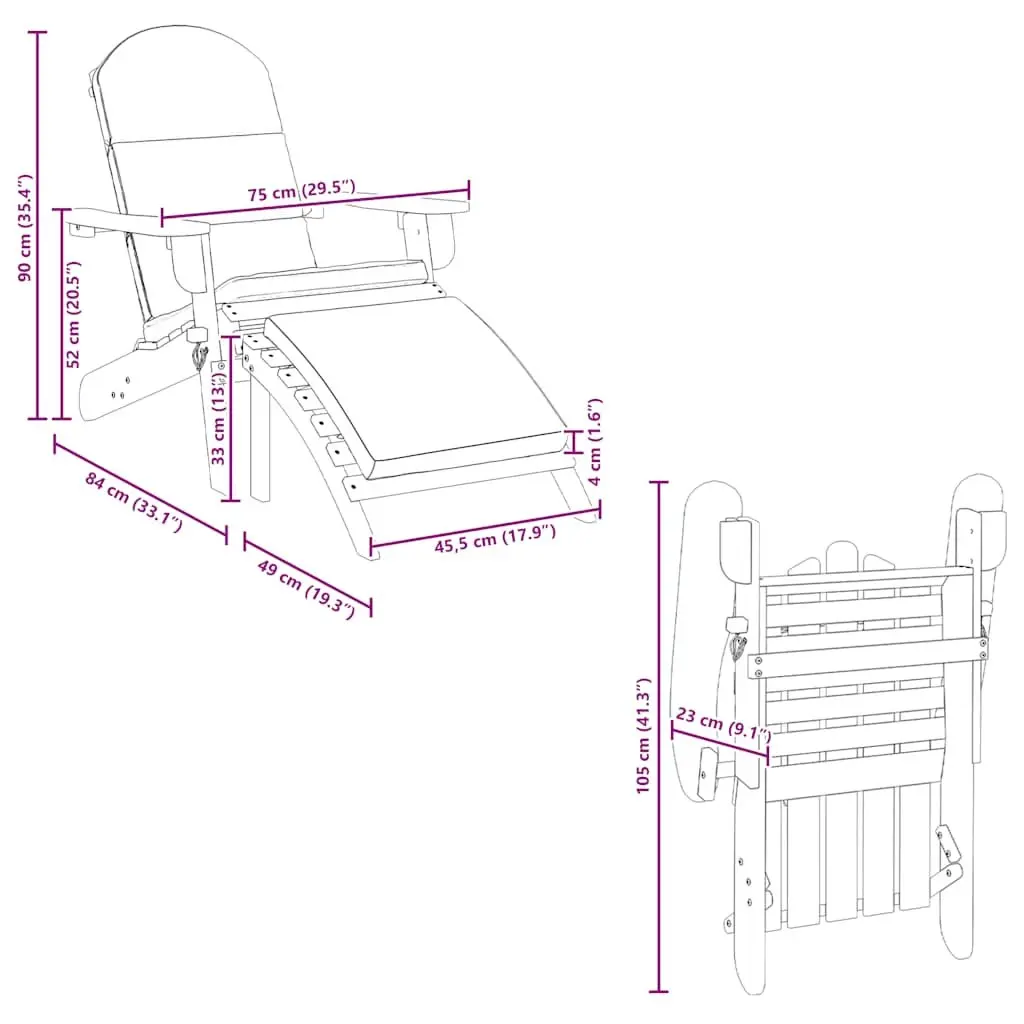 Adirondack Garden Chair Solid Acacia Wood Outdoor Lounger with Footrest