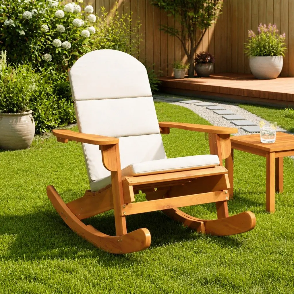 Adirondack Rocking Chair Solid Acacia Wood High Backrest Wide Armrests Outdoor Garden Patio Lounge Seat