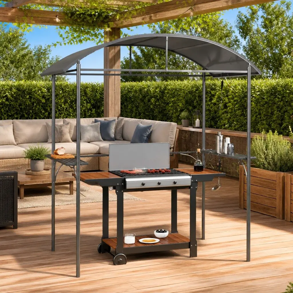BBQ Gazebo 220x115x230cm Steel Frame with Side Shelves and Hanging Bars for Outdoor Entertaining
